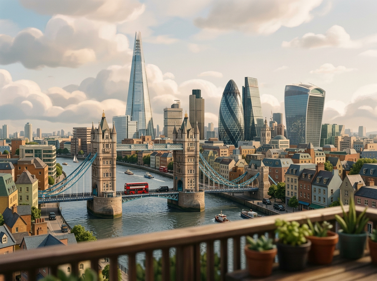 London skyline featuring Tower Bridge in the foreground, with notable skyscrapers like The Shard, Gherkin, and Walkie Talkie in the background, under a partly cloudy sky, seen from a balcony with potted plants.