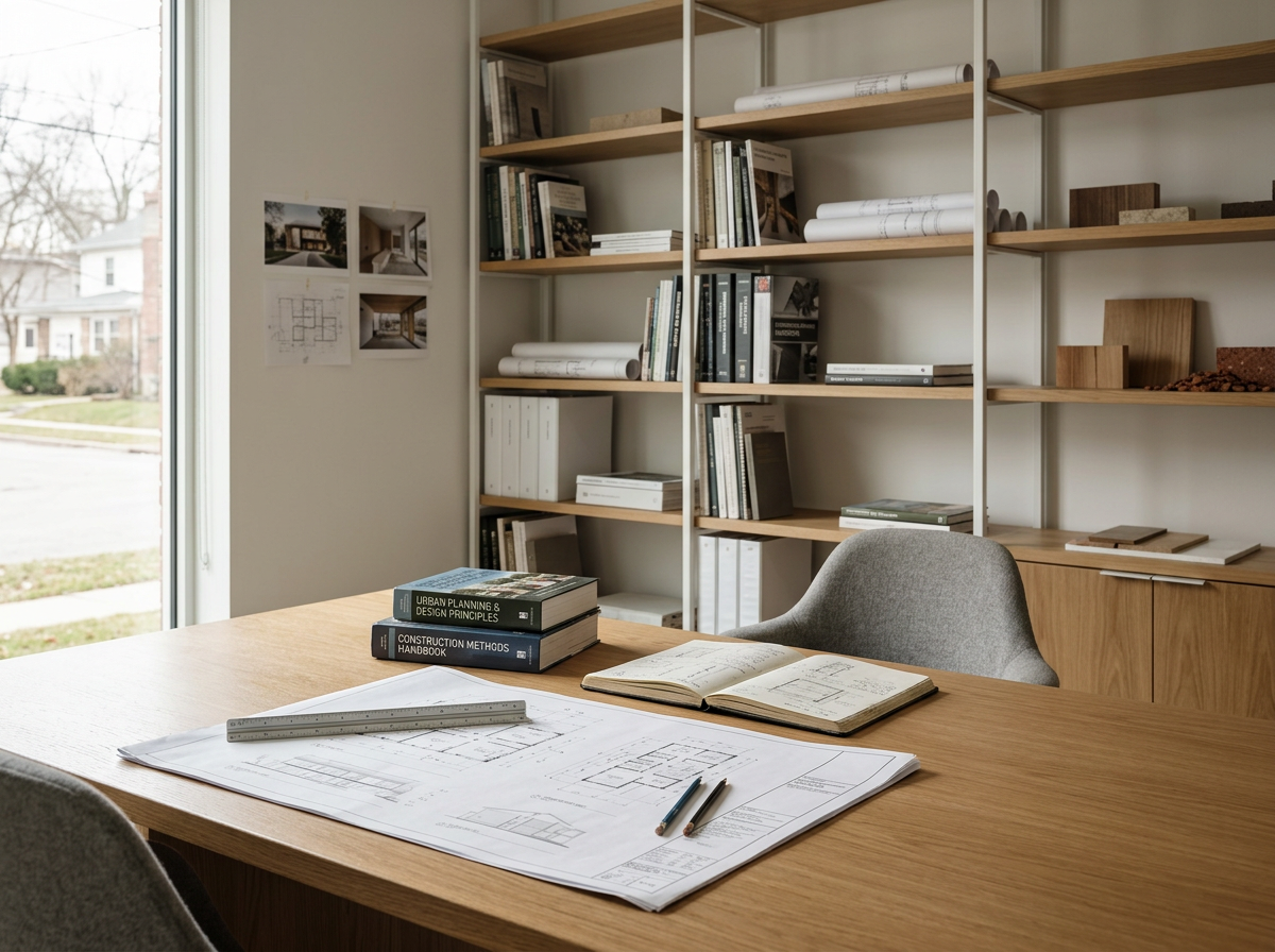 Architectural office with blueprints, sketchbook, and reference books on building design on a wooden table, shelves with books and design samples, and a window with a view of houses outside.