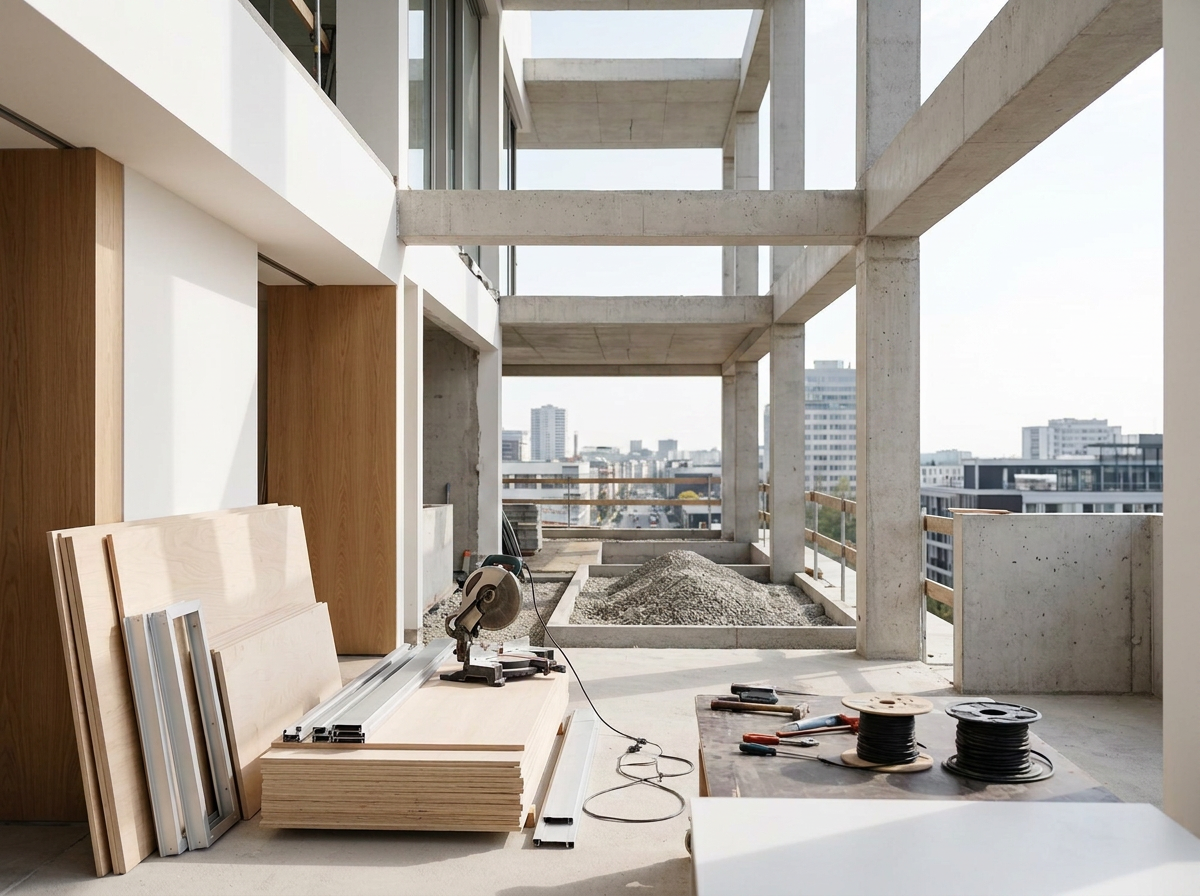 Balcony under construction with construction tools, materials, and building framework on an unfinished balcony of a multi-floor building in an urban setting.