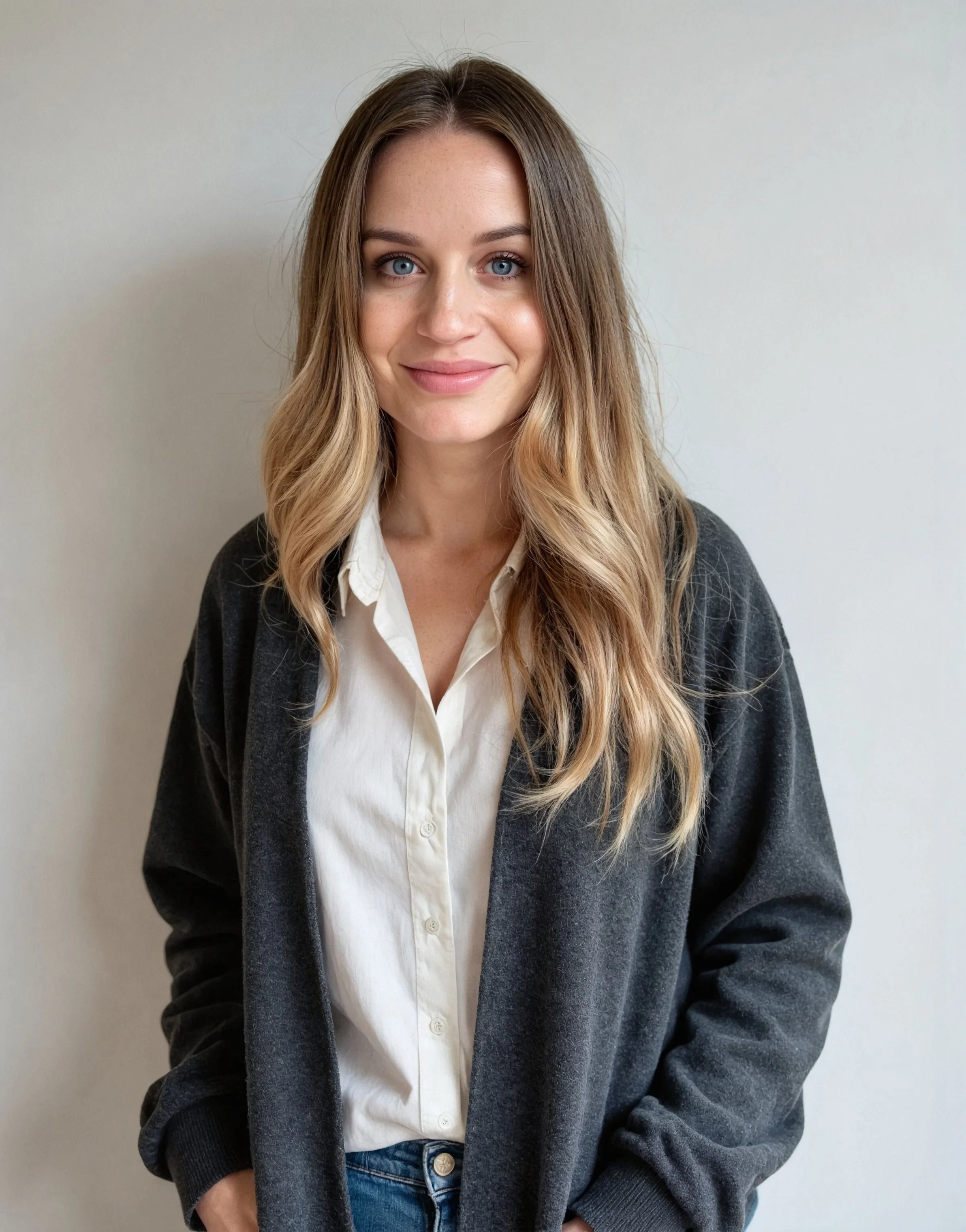 A young woman with long, wavy blonde hair and blue eyes, smiling, wearing a white button-up shirt and a dark gray cardigan, standing in front of a plain white wall.