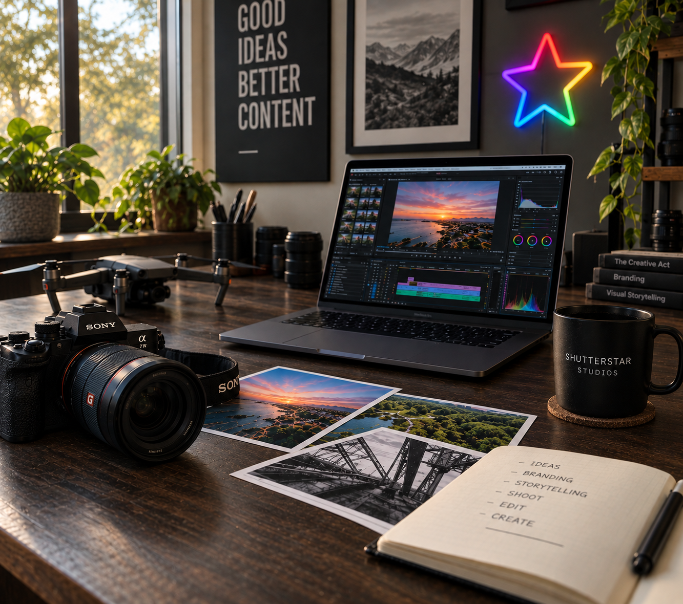 A workspace with a camera, a drone, photographs, a laptop with photo editing software, a notebook with creative project ideas, and a mug on a wooden desk. There are framed pictures and a neon star light on the wall, and plants on the windowsill.