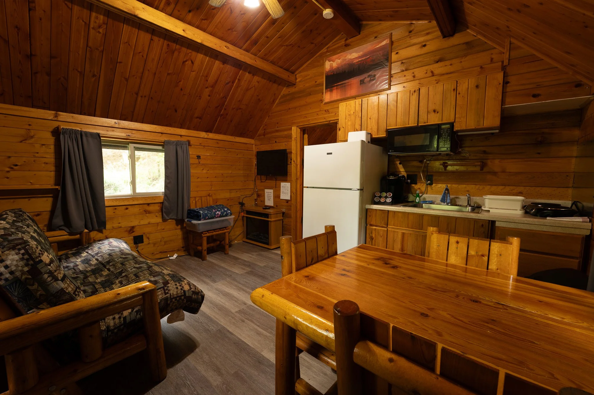 The interior of a cozy camping cabin