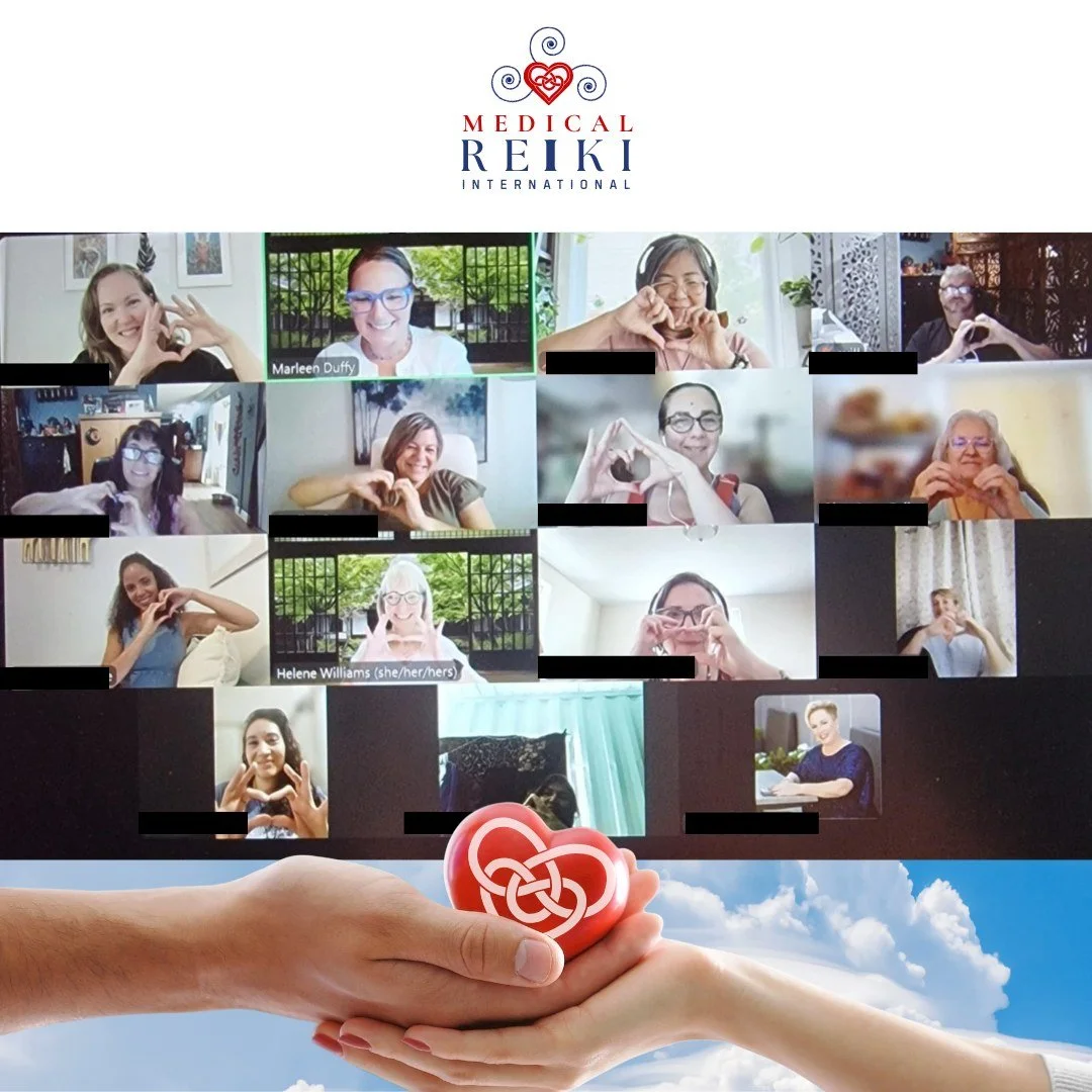 Zoom call with multiple women making heart signs with their hands; bottom shows hands holding a heart-shaped object with a Celtic knot design against sky background; logo at the top for Medical Reiki International.