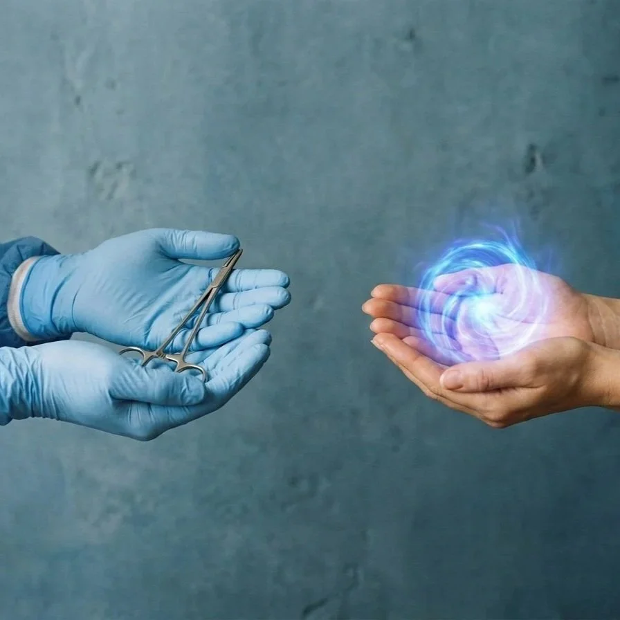 A person in blue medical gloves holding surgical scissors, while another person holds out their hands with  healing blue energy.