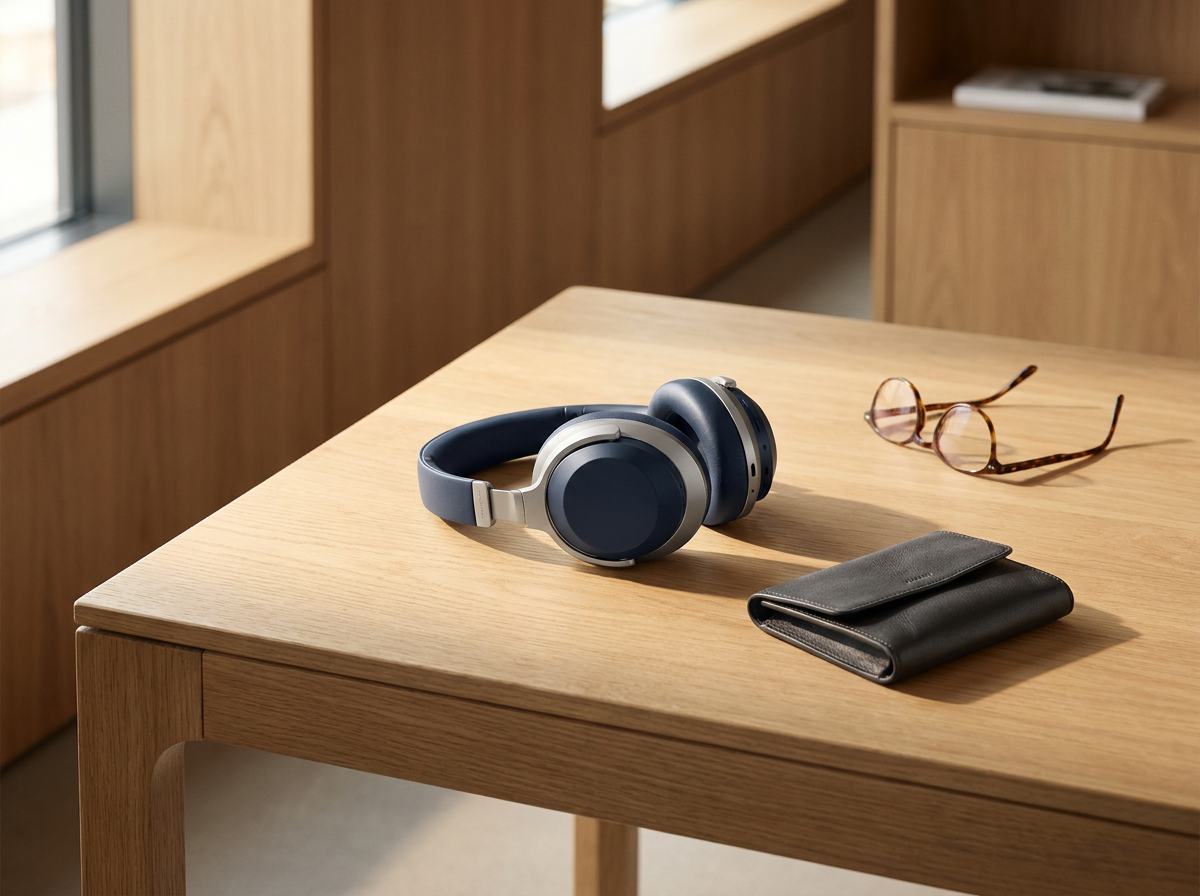 A pair of over-ear headphones, a pair of eyeglasses, and a black wallet on a wooden table.