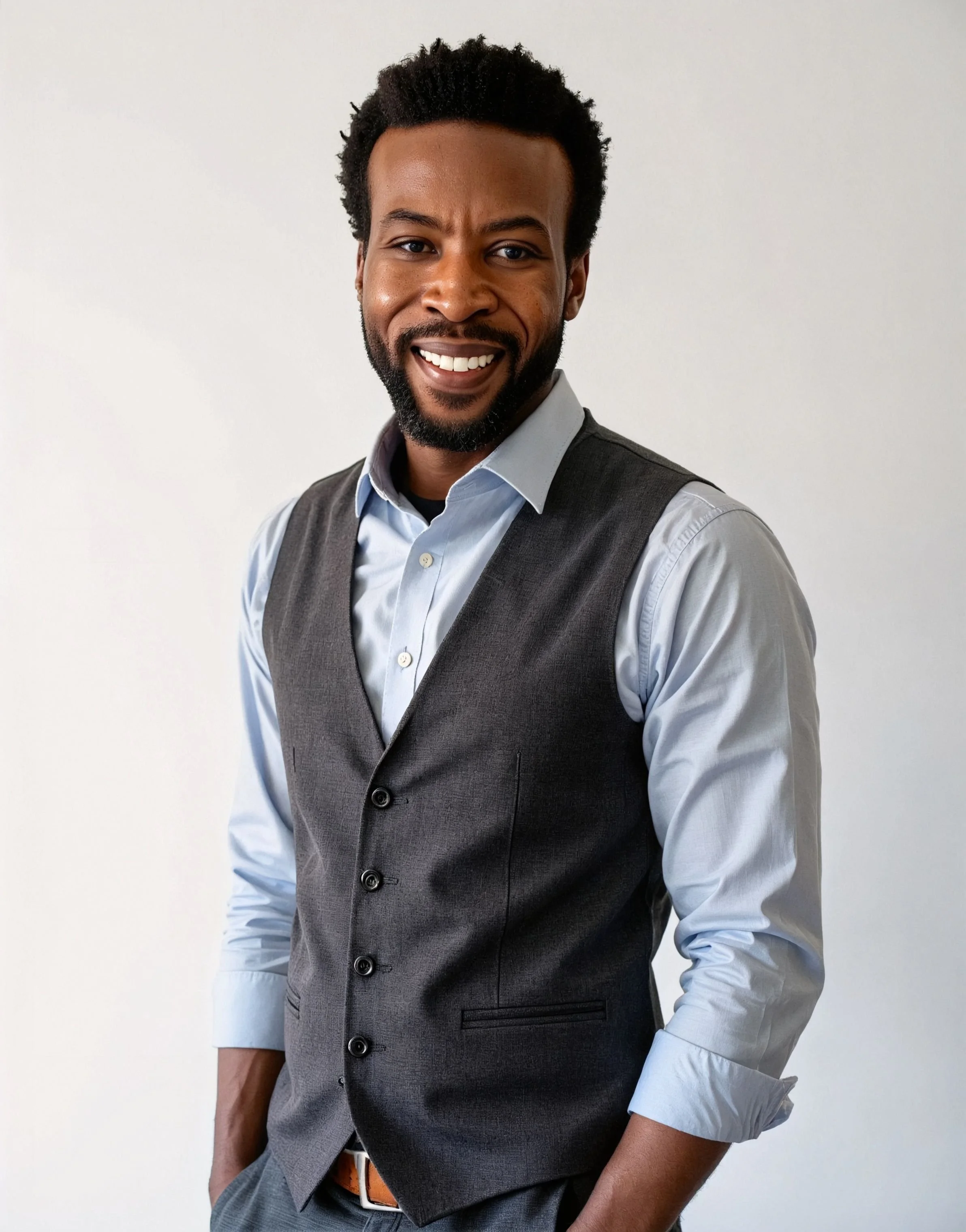 Dehj (Dwayne) Hickman, wearing a light blue dress shirt and a dark gray vest, standing against a plain white background.