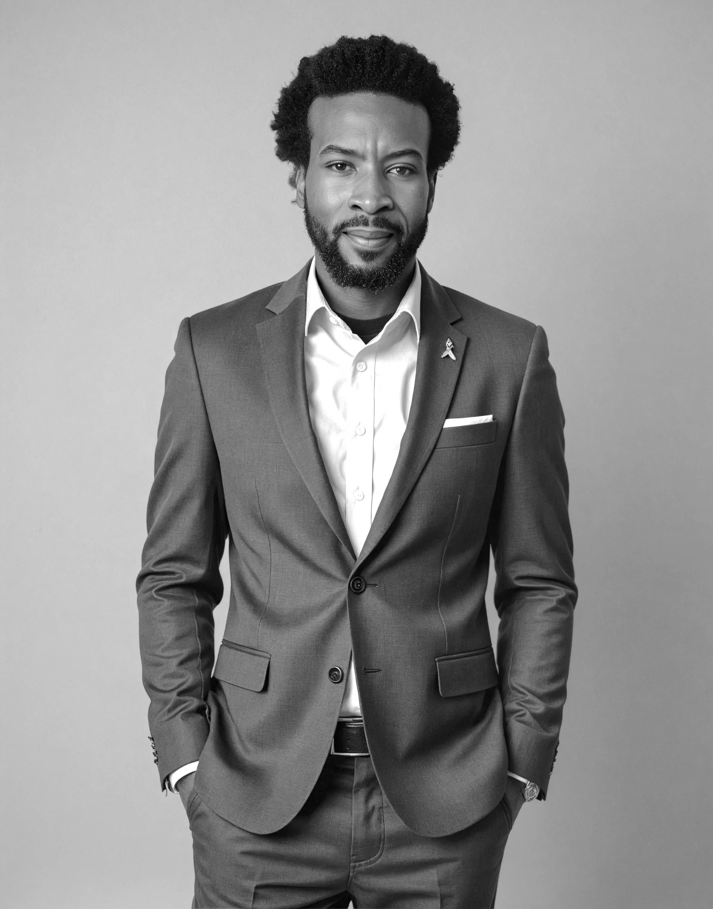 Dehj (Dwayne) Hickman,  standing against a plain background, looking at the camera, with one hand in his pocket.