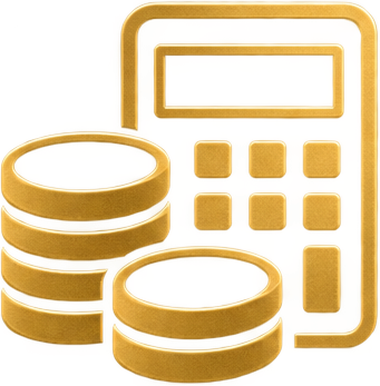 Stack of gold coins next to a yellow calculator.