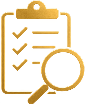 Golden checklist clipboard with three checkmarks and a magnifying glass.