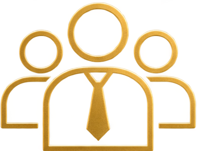 Outline icon of three people with a person in front wearing a tie, suggesting a business or team concept.