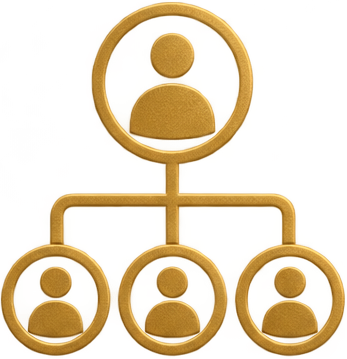 A gold-colored organizational chart with one top-level figure connected to three lower-level figures, each depicted as keyholes with silhouettes of people inside.