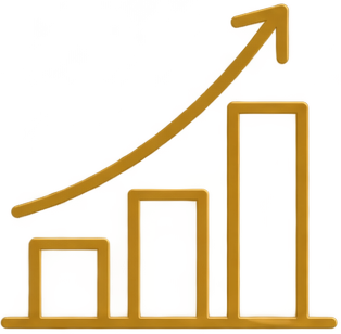 A rising gold arrow pointing upward over a bar graph with three bars increasing in height from left to right