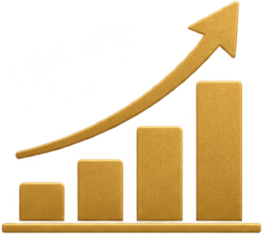 Bar chart with four gold bars increasing in height from left to right, with a gold upward arrow overlay showing growth or increase.