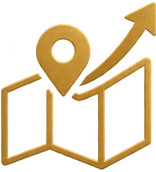 Gold-colored map marker icon with an upward trending arrow inside an open box-like frame.
