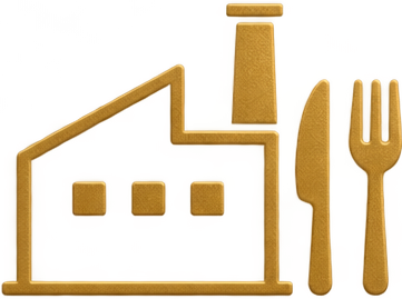 A line drawing of a slice of cake with three small square layers, a tall candle on top, a knife, and a fork, all in gold color.