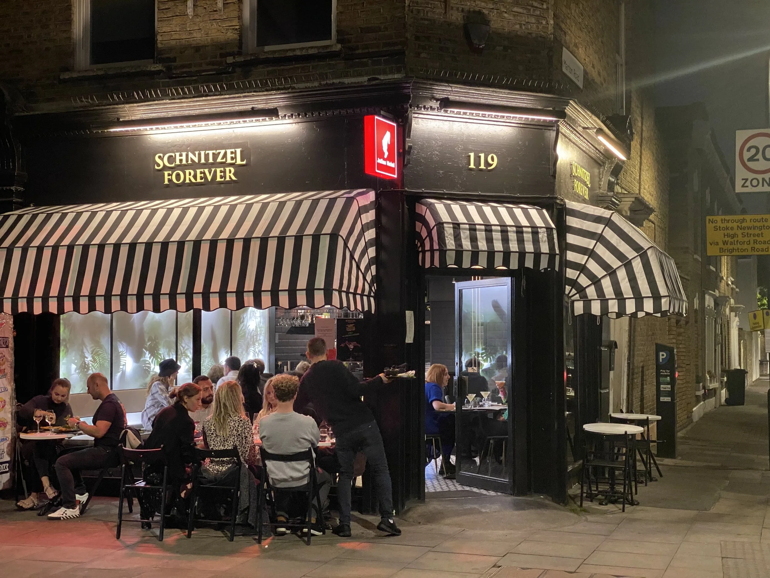 Schnitzel Forever restaurant exterior in Stoke Newington, London.