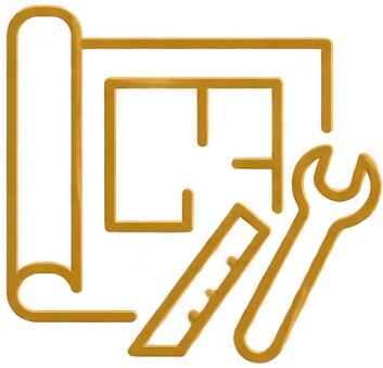 Gold-colored maze puzzle with a wrench and a ruler.