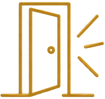 A wooden door with a round handle, standing open. Four wooden sticks are positioned around the door, all angle toward the door.