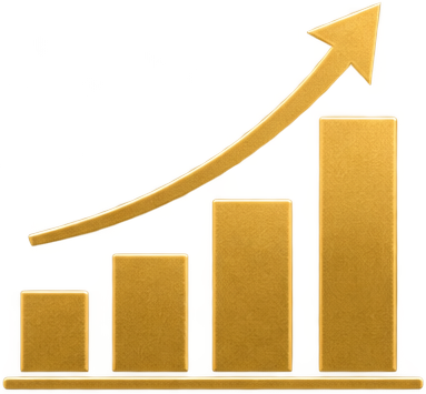 Gold bar chart with an upward trending arrow indicating growth or increase.