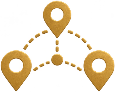 Illustration of three location markers connected by dashed lines, forming a network.