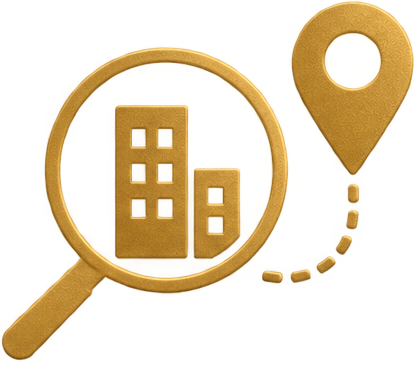 Gold-colored keychain with a magnifying glass and building icon.