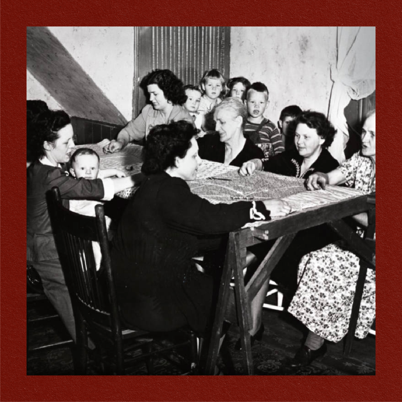 QUILTING BEE - A tradition that began in the 19th Century where women would gather to assist each other in completing quilts