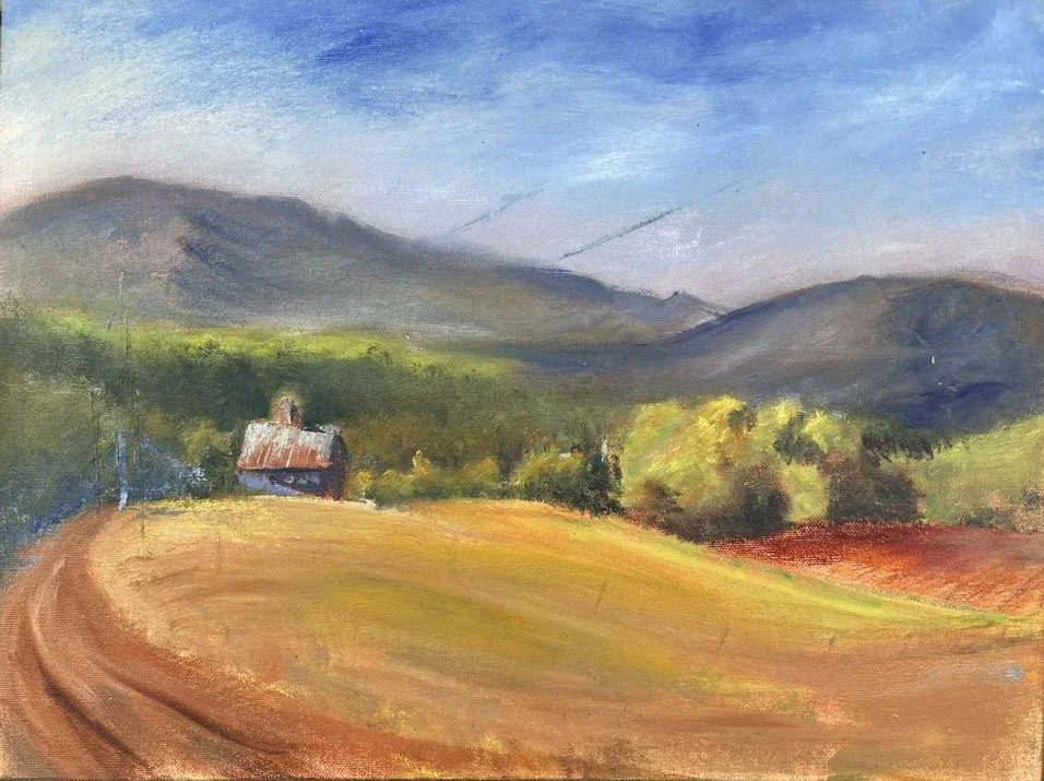 "Untitled", 12" x 16", Oil on Board. Plein Air of barn and field in Stowe, VT.

