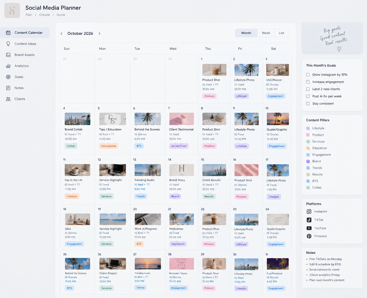 A digital social media planner calendar for October 2026 showing scheduled posts and tasks, with sections for content ideas, brand assets, analytics, goals, notes, and clients. It includes various post types such as product shots, lifestyle photos, testimonials, and videos, with color-coded content pillars.