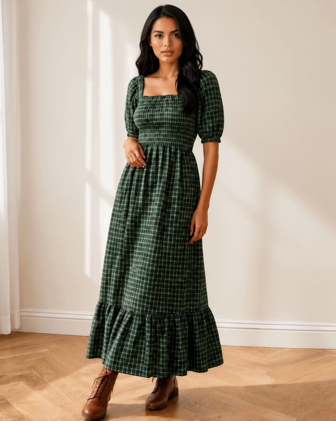 Daisy Green Plaid Maxi Dress | Square Neck Smocked Dress (Pre-Order)