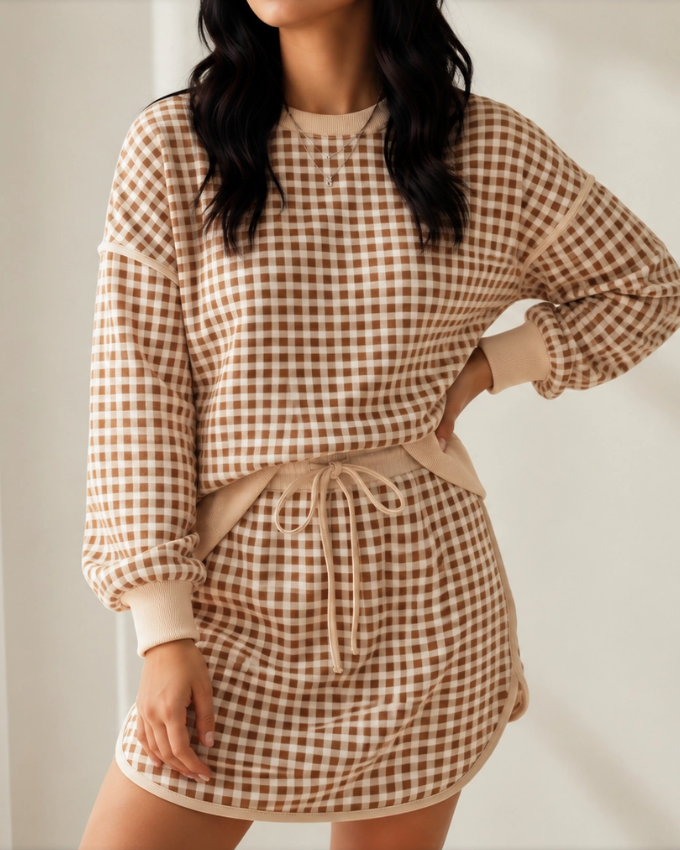 Gingham Skort Set | Oversized Crew Neck Top & Matching Skort (Pre-Order)