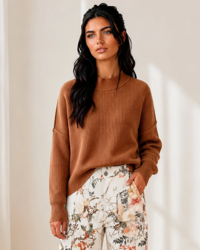 Jen Ribbed Mock Neck Sweater | Side Slit Knit Pullover (Pre-Order)
