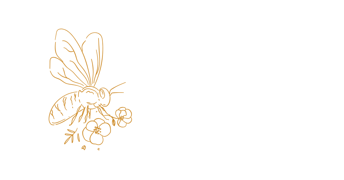Gold outline drawing of a honey bee on black background with text that reads 'Honey Bee Creations'