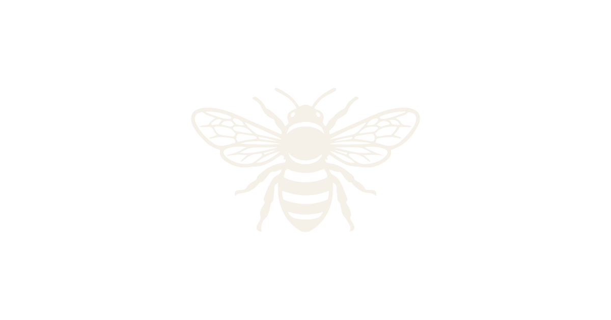 Black background with a white line drawing of a bee in the center.