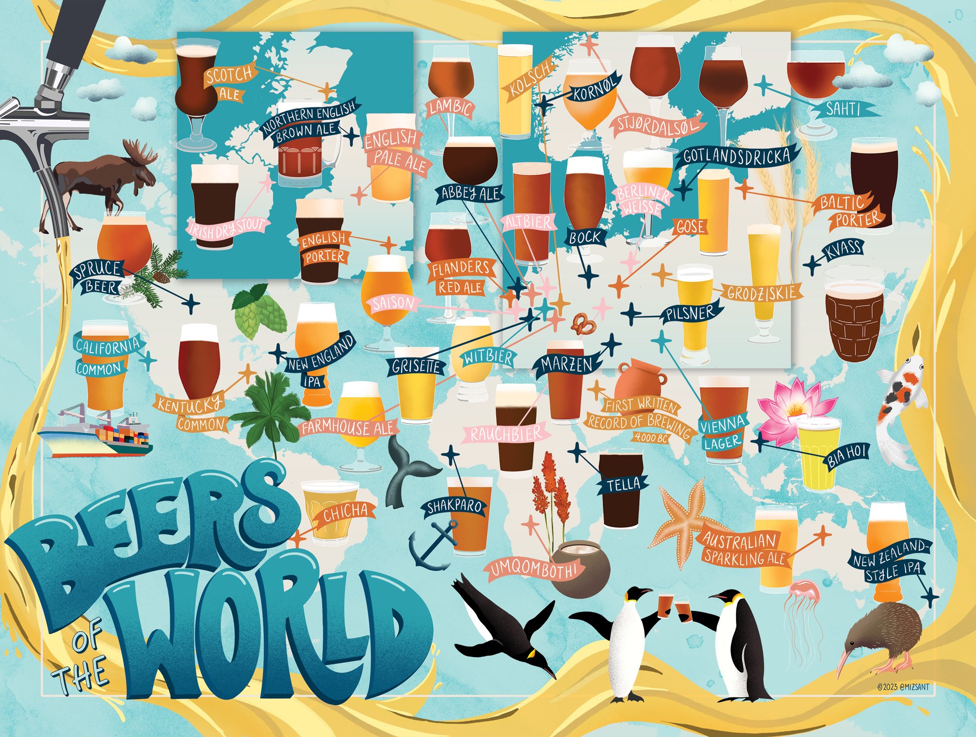 Beers of the world custom illustrated map by Laura Sant