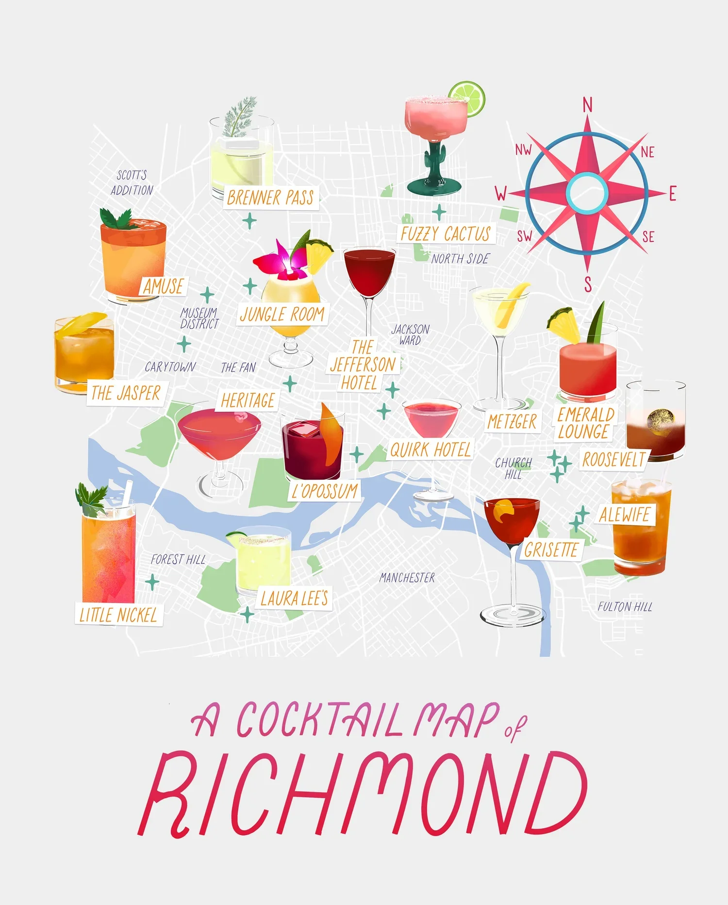 illustrated cocktail map of richmond virginia
