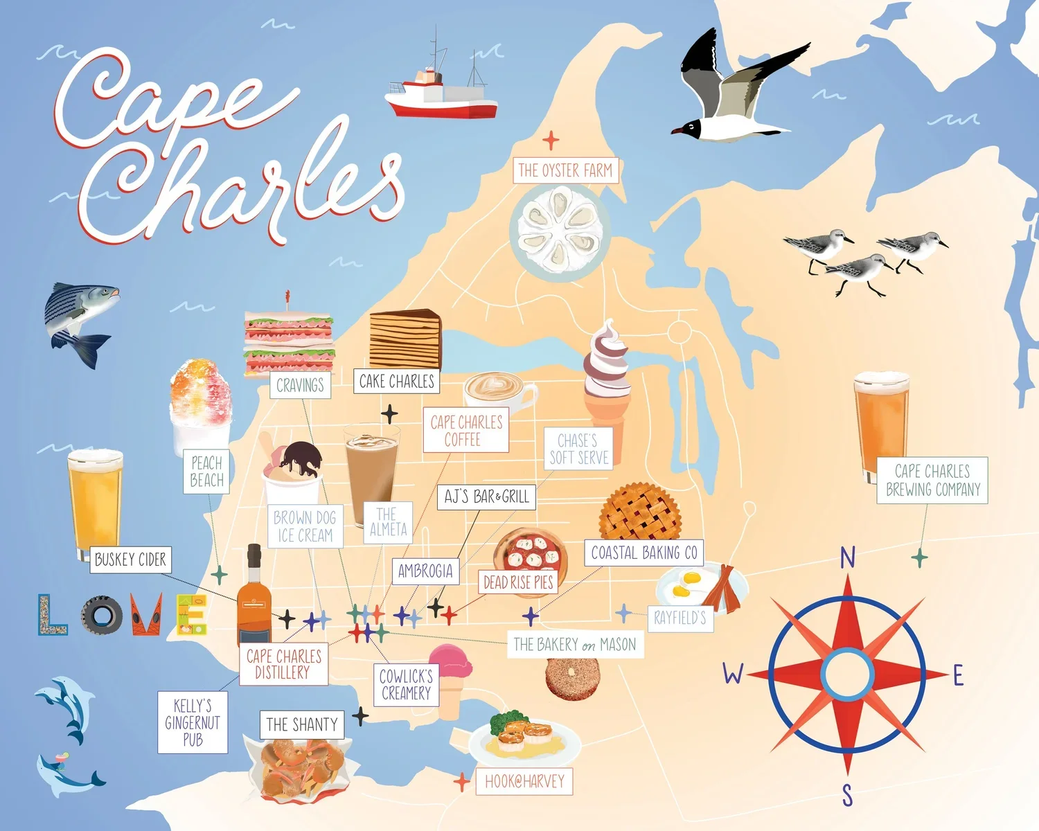 illustrated map of cape charles, virginia restaurants and bars
