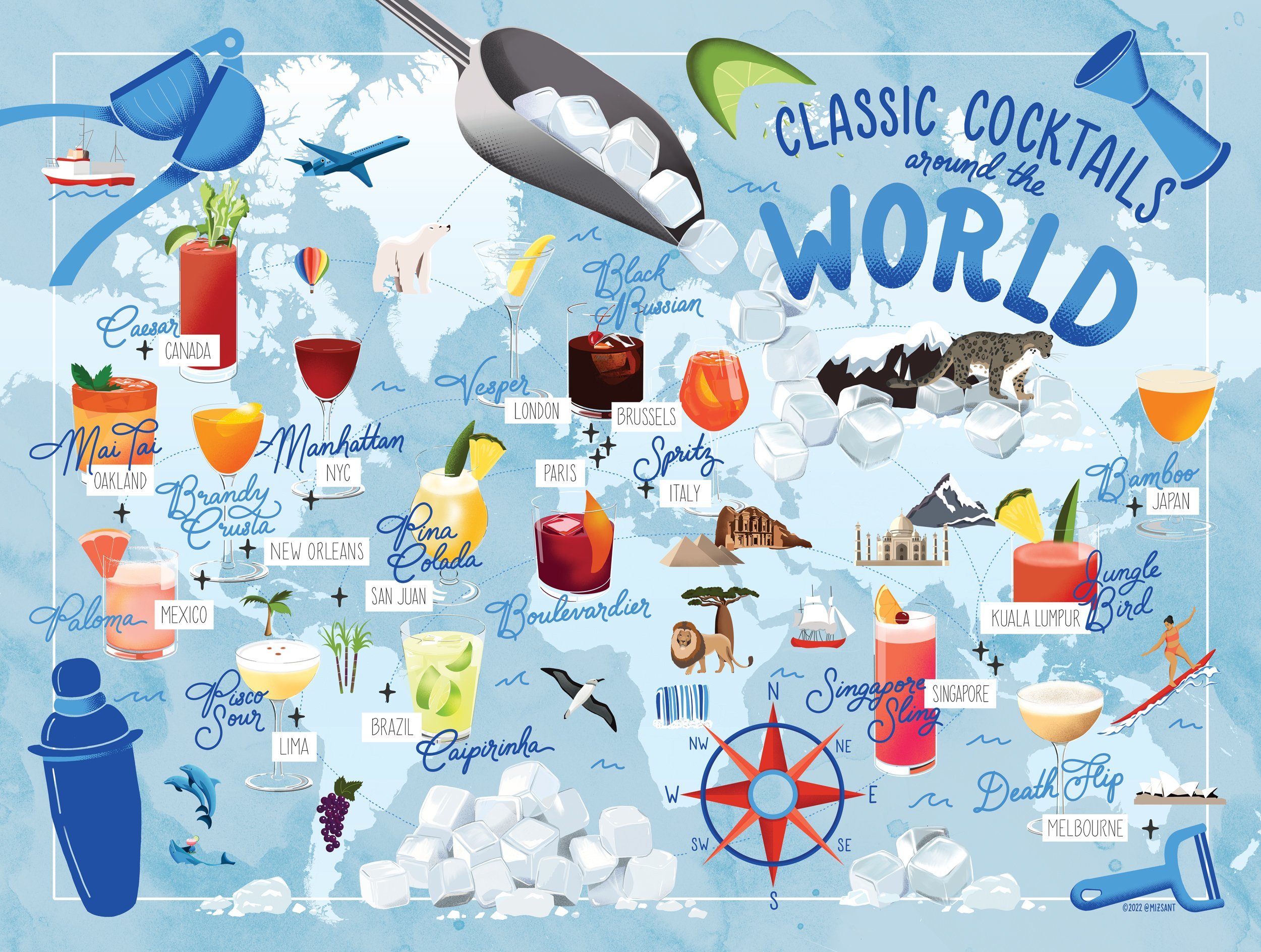 Classic cocktails of the world illustrated map