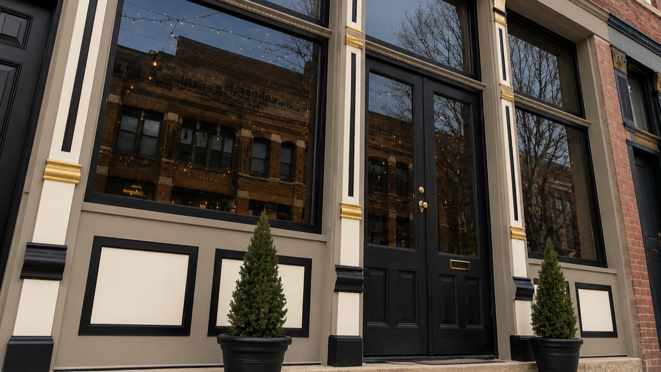 Facade of a stylish building with large windows, black double doors, decorative white and black trim, and two small potted evergreen trees outside.