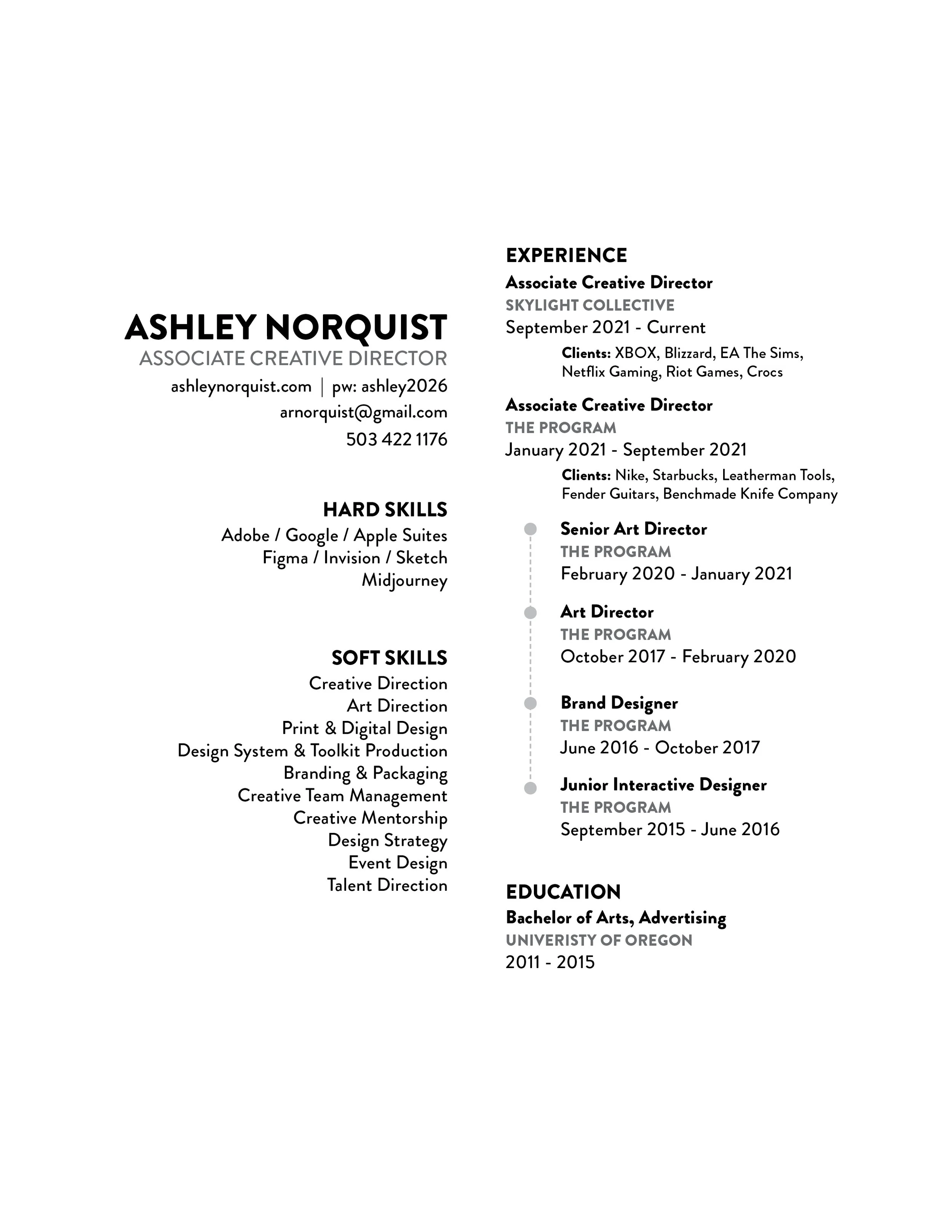 A detailed professional resume of Ashley Norquist, including her contact information, skills, and work experience in creative and art direction.