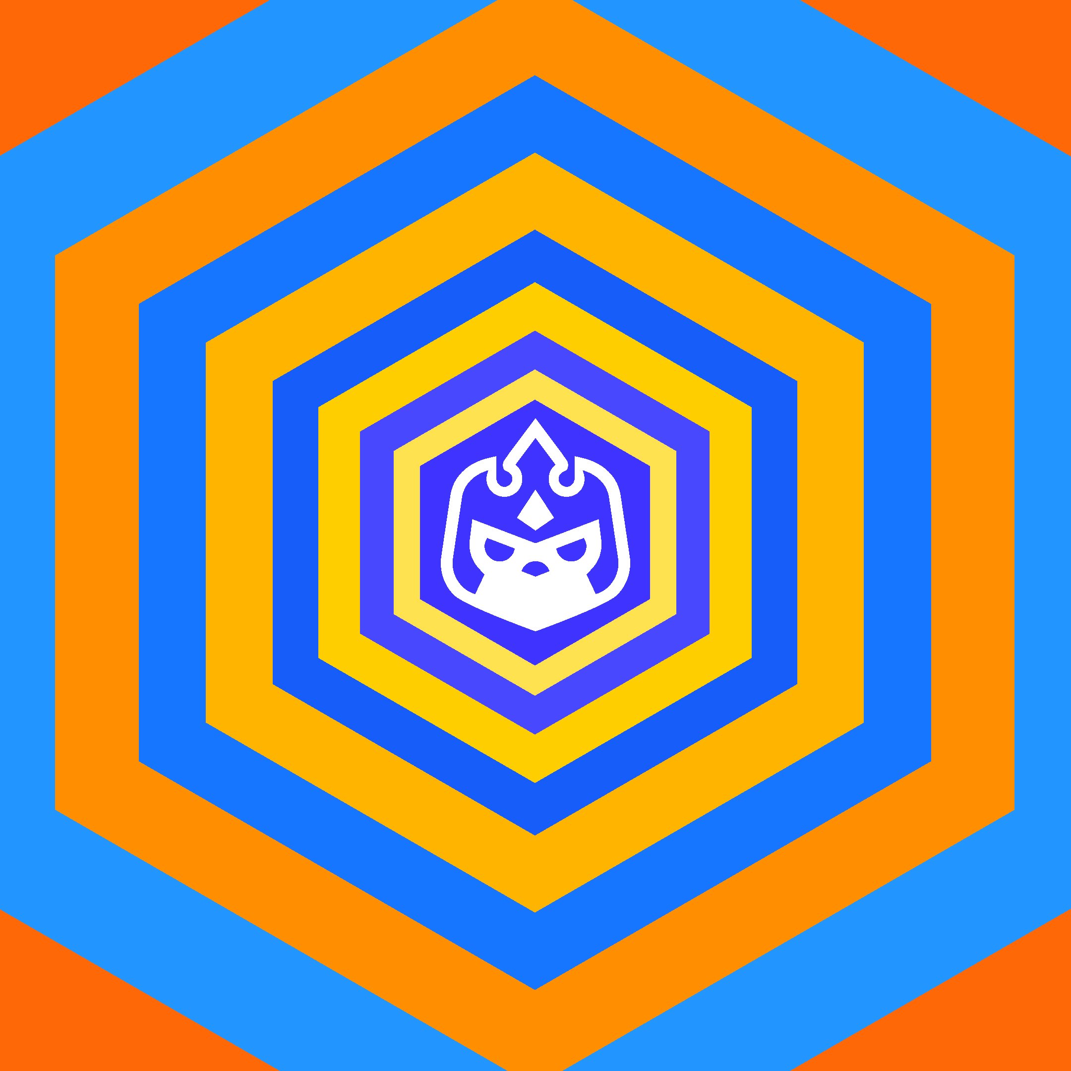 Colorful geometric pattern with chevron shapes in orange, blue, yellow, and purple, forming concentric squares.