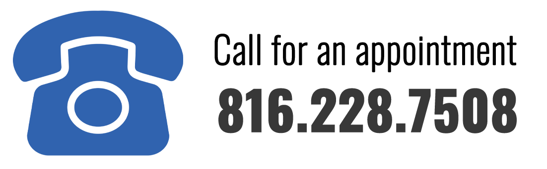 Blue telephone icon with text “Call for an appointment” and phone number 816-228-7508