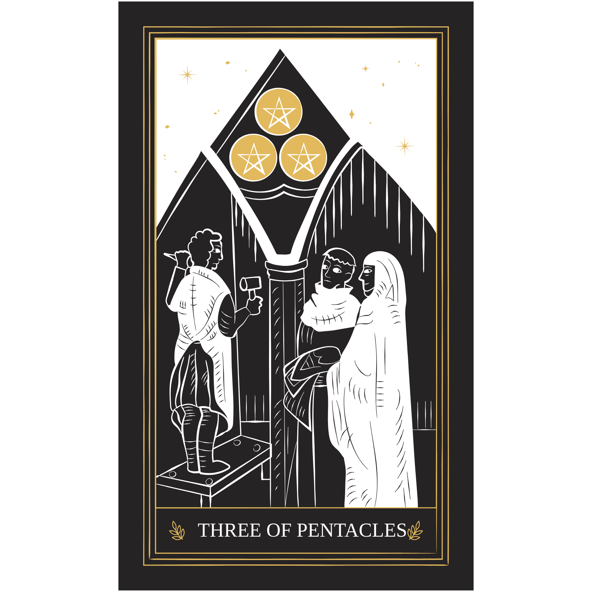 Three of Pentacles tarot card illustration, Hunter Behavior Consulting Mentorship branding