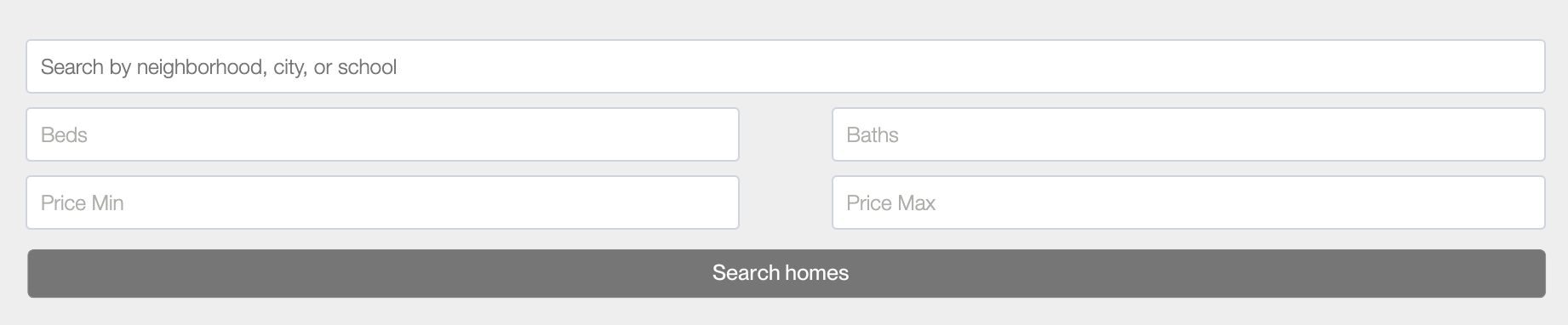 Online real estate search form with fields for neighborhood, beds, baths, minimum and maximum price, and a search button.