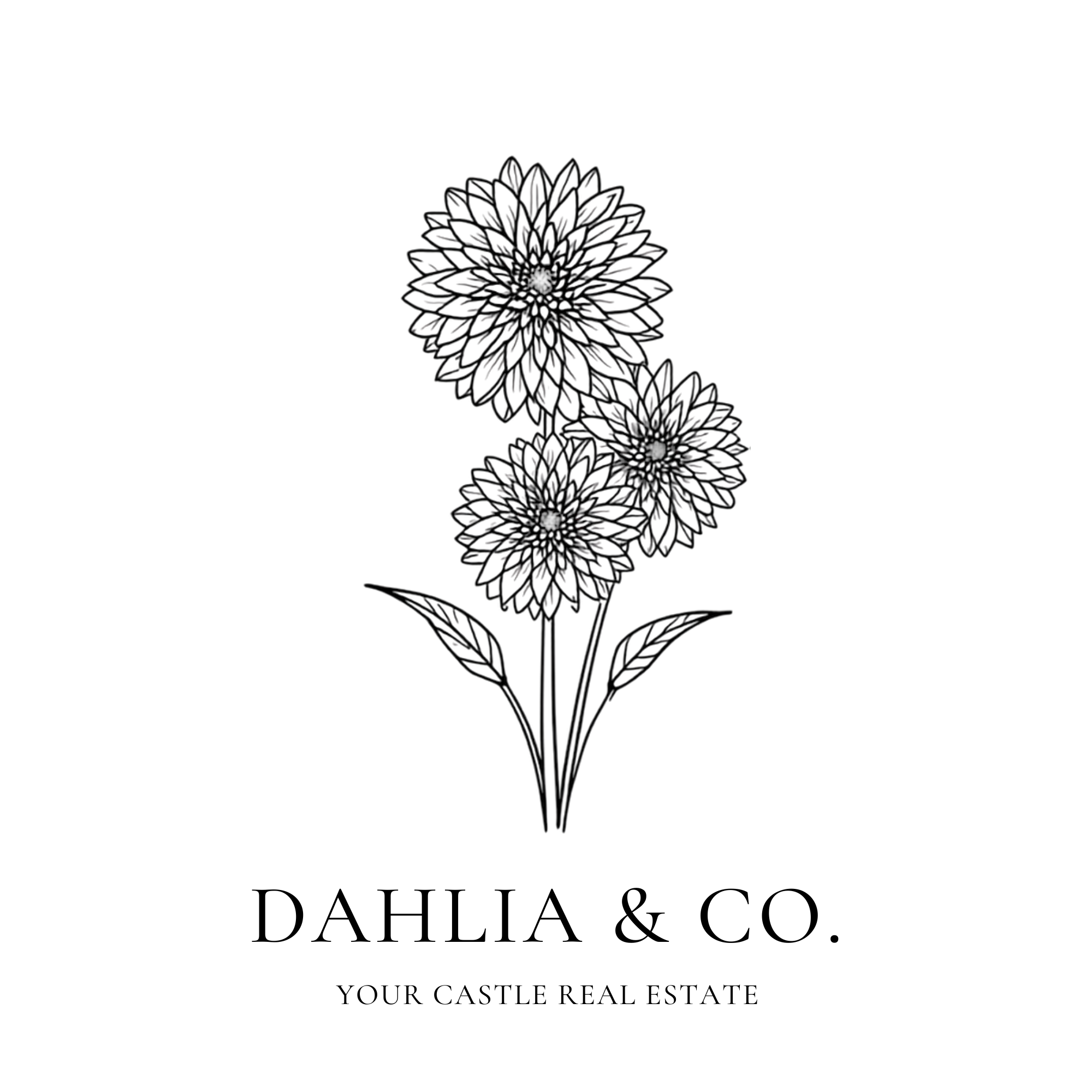 Black and white logo featuring a detailed drawing of a flowering plant, with the text 'DAHLIA & CO.' underneath, and a tagline 'YOUR CASTLE REAL ESTATE' below that.
