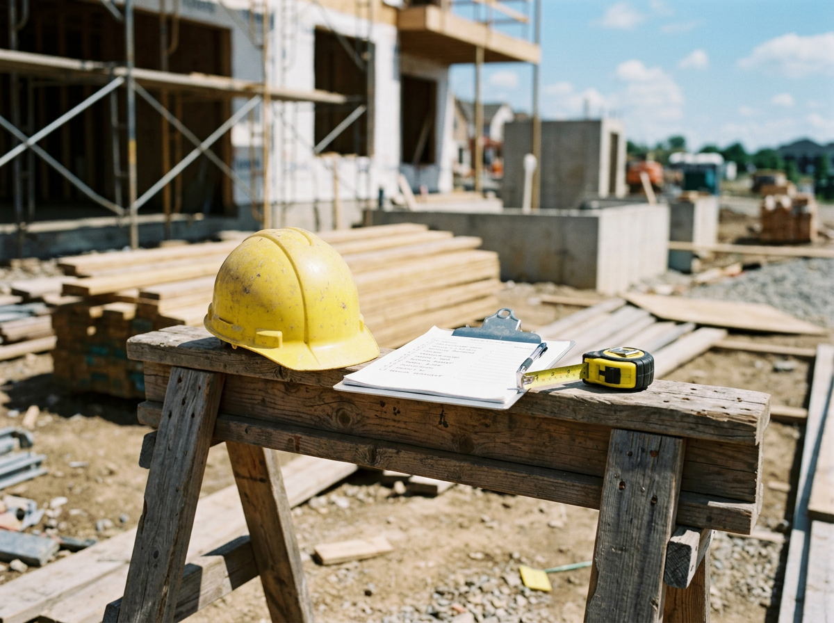 Construction site with a yellow safety helmet, a clipboard with papers, and a measuring tape on a wooden workbench in the foreground. Background shows building framework and construction materials under a partly cloudy sky.