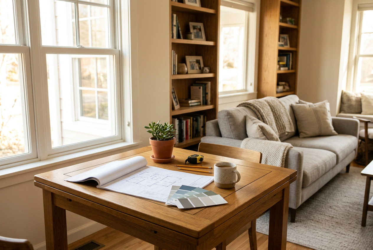 Cozy living room with a wooden coffee table displaying an open blueprint, paint color swatches, and a mug near a sunlit window