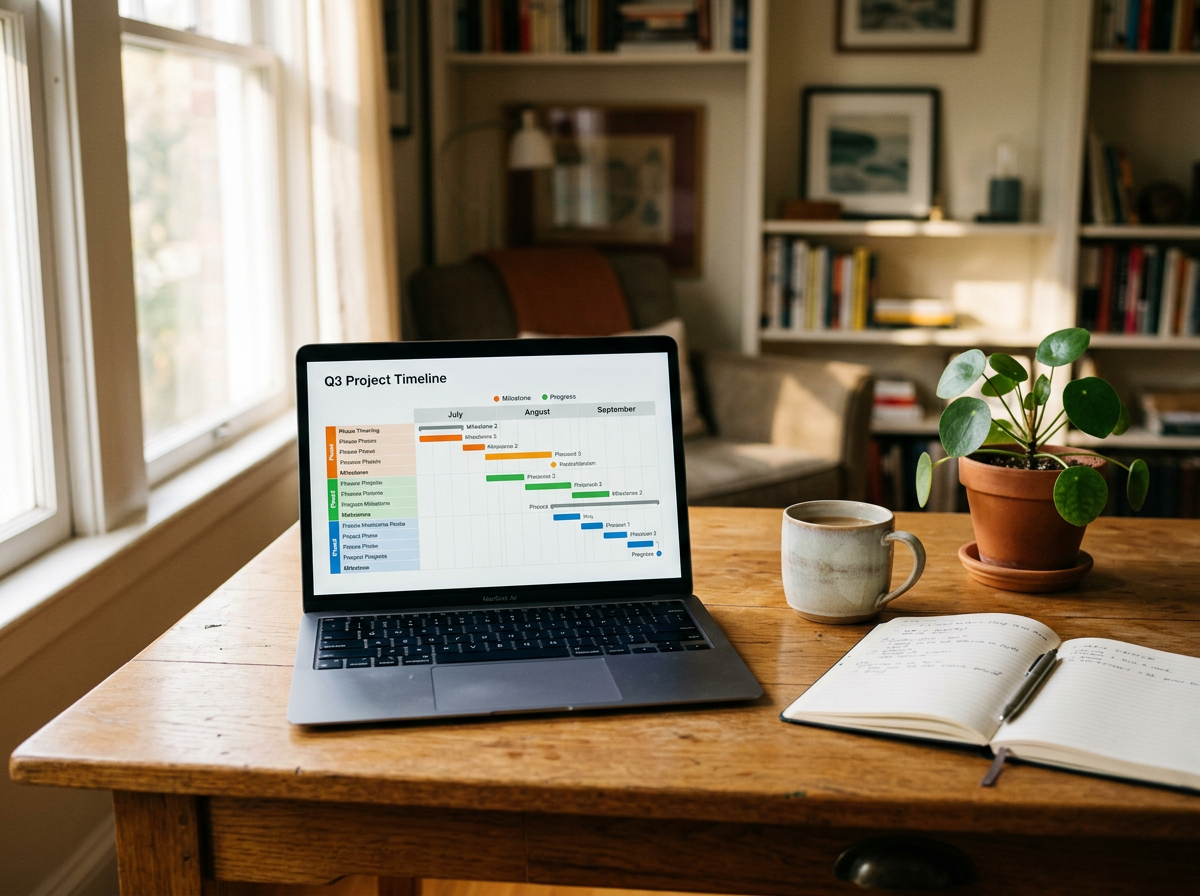 A wooden table with a laptop displaying a project timeline, a ceramic mug, an open notebook with a pen, and a potted plant in a terracotta pot. In the background, there are bookshelves filled with books and framed pictures.