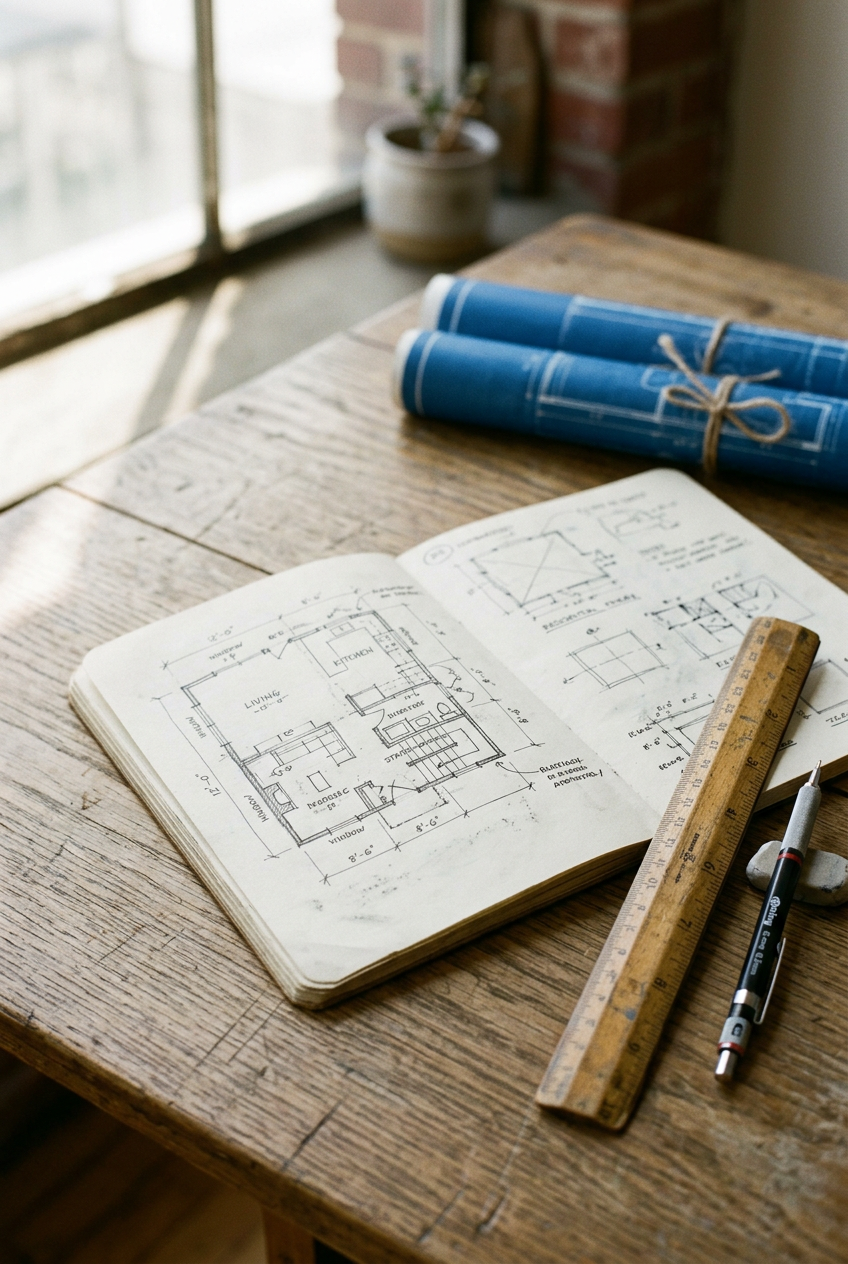 Open architect's notebook with a hand-drawn floor plan sketch, a wooden ruler, a pencil, and rolled blueprints on a wooden drafting table