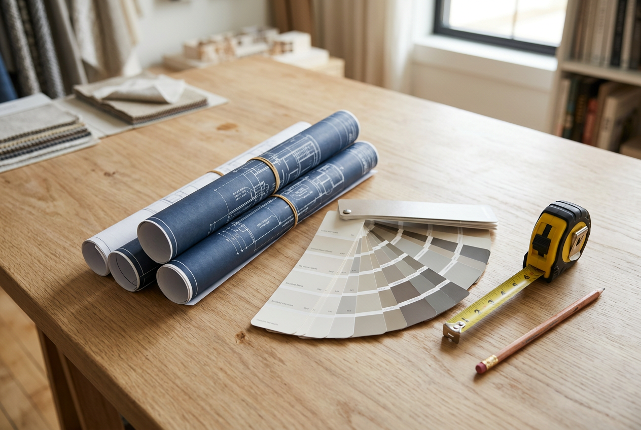 Rolled architectural blueprints, a fan of paint color swatches, and a measuring tape arranged on a wooden desk