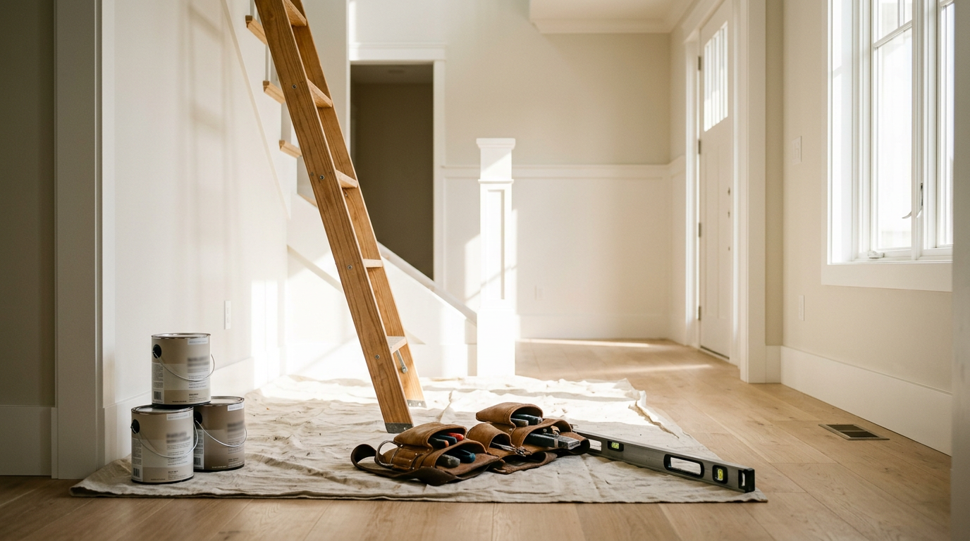 Bright home entryway mid-renovation with a wooden ladder against a freshly painted wall, a tool belt and level on a drop cloth, and a small stack of paint cans in warm sunlight